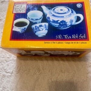 Vintage Blue & White Porcelain Teapot Set 5pc NOS Jingdezhen-Inspired Canton